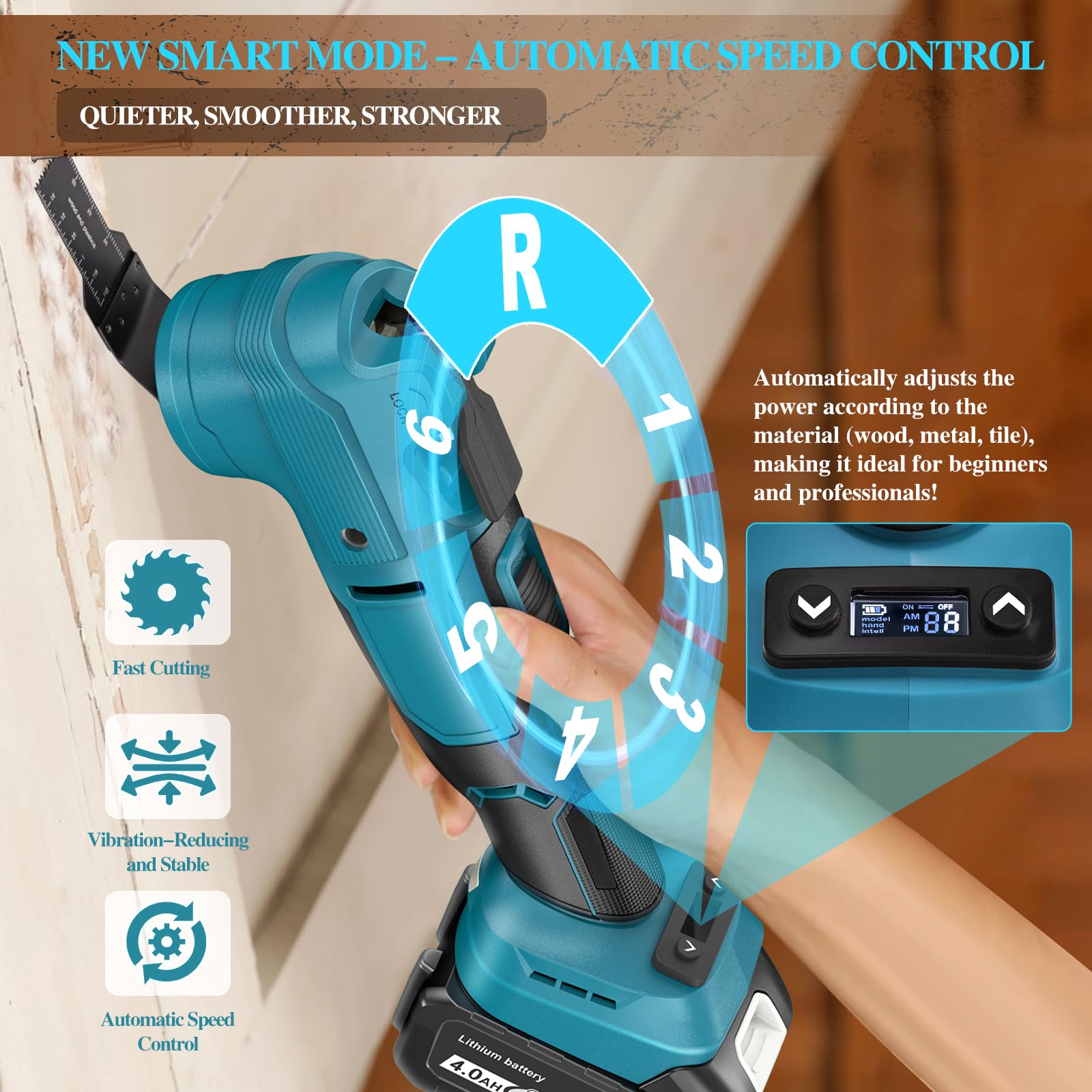 Yofuly Utensile Multifunzione Oscillante Compatibile con Batterie Makita 18V - 6 Velocità Aggiornate + Modalità Automatica, 2 Batterie Da 4,0 Ah, Multitool Per Taglio, Levigatura, Molatura