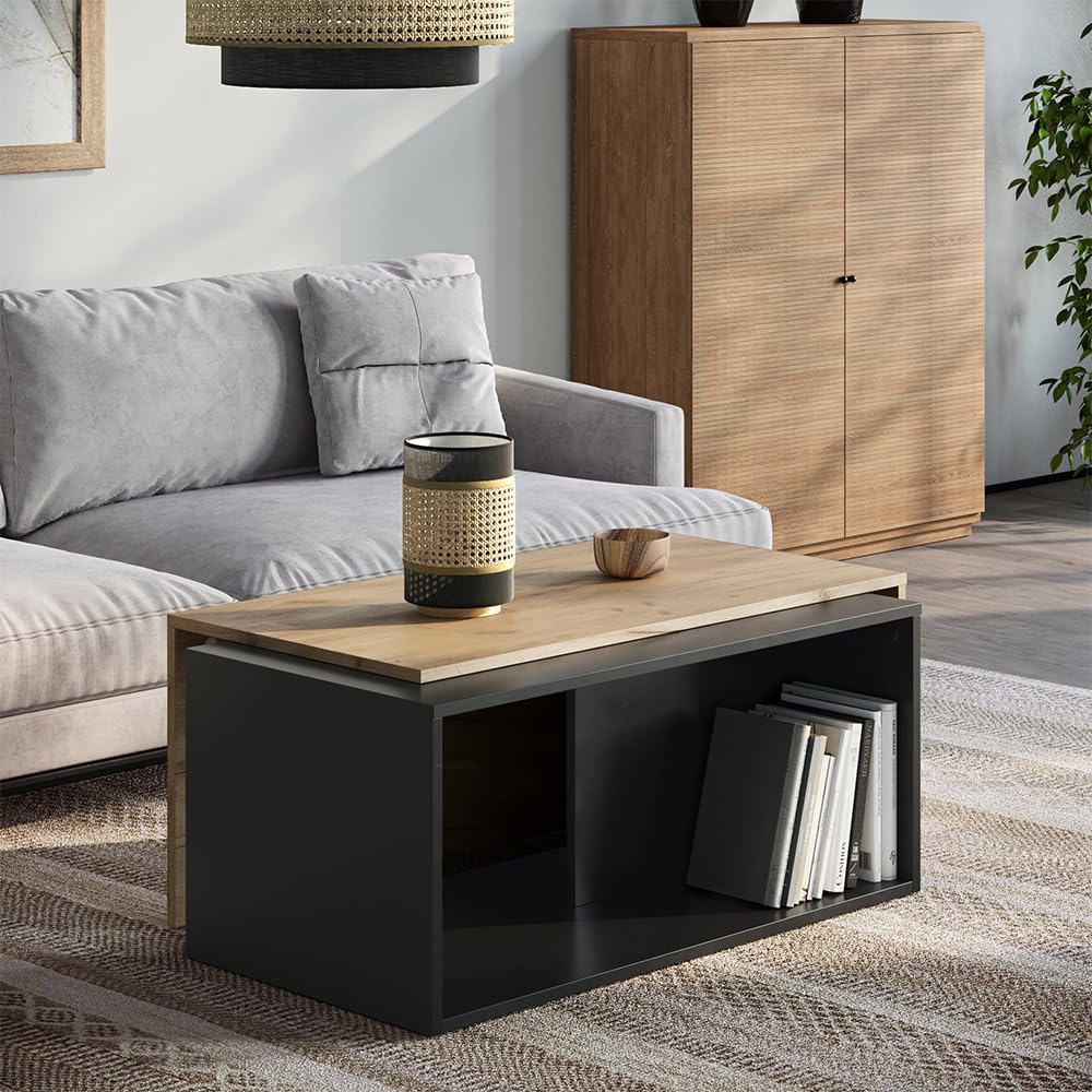 Vicco Mesa de Centro Paul, Antracita/Roble Dorado, 90 x 48 cm | con tablero giratorio y superficie de almacenamiento adicional