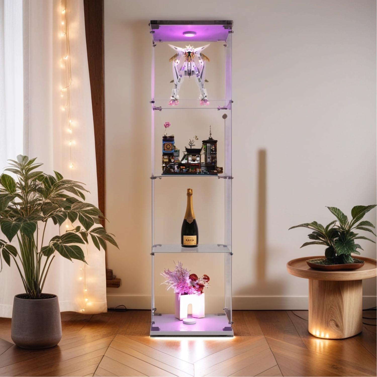 Lighted 4-Shelf Glass Display Cabinet with One Door, White