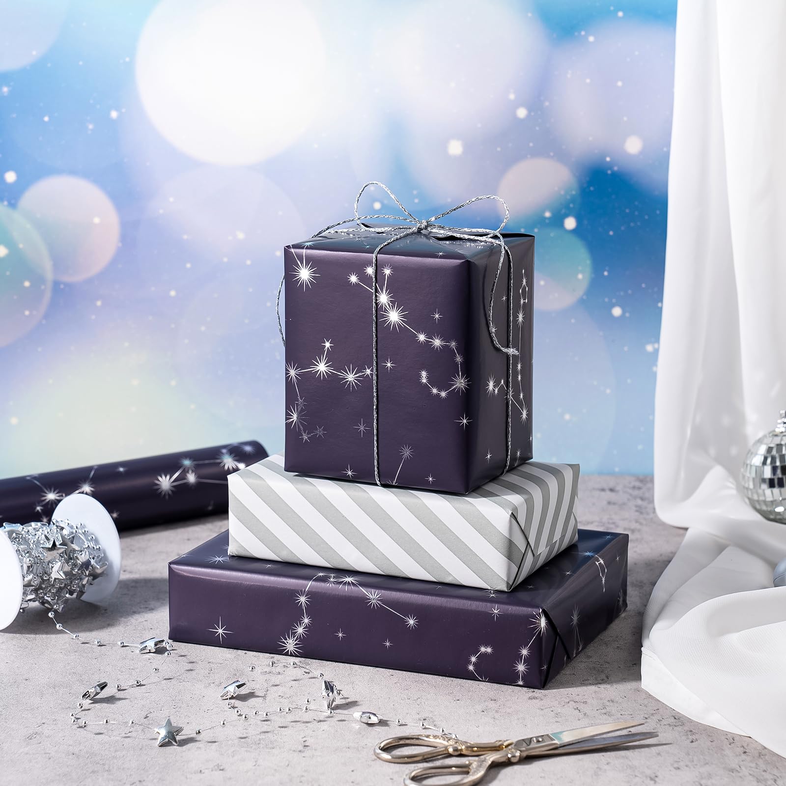 WRAPAHOLIC Papier cadeau Jumbo Constellation – 76,2 cm x 10 m – Papier cadeau bleu marine pour enfants, femmes, hommes, anniversaire, mariage, fête prénatale, fête prénuptiale