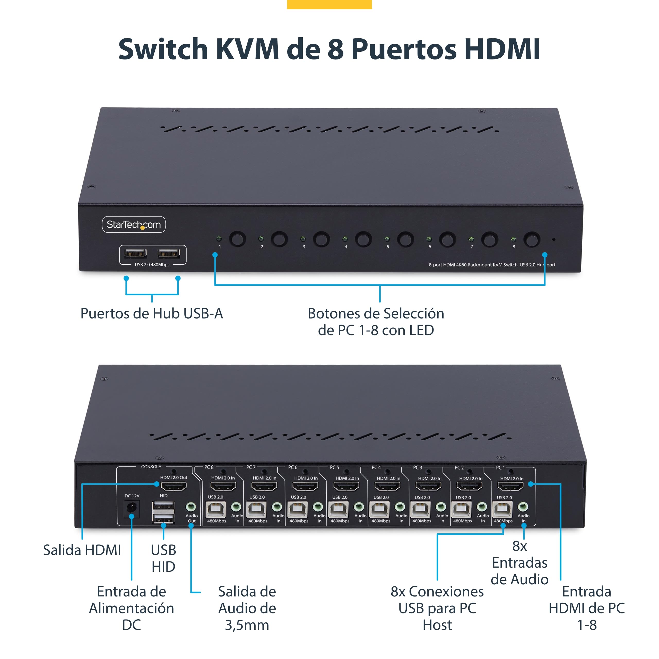 StarTech Switch KVM 8 Puertos HDMI 2.0, 4K 60Hz, Rack 1U | Montaje en rack de 19 pulgadas ANSI/EIA, Control a nivel de BIOS sin software, Teclas de acceso rápido y pulsadores