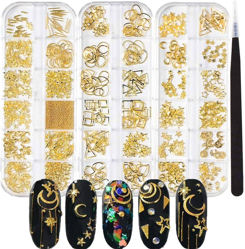 3 Boxes Nail Art Decals Studs Design Decoration Accessories 3D Metal Nail Charm Supplies Gold Star Moon Heart Square Rivet Caviar Nail Beads Nail Art Jewels Decoration With 1Pc Tweezers Tool for Women