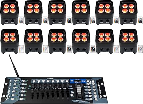 (12) Rockville Best PAR 50 - Luces de batería inalámbricas DMX+controlador+RGBWA+UV