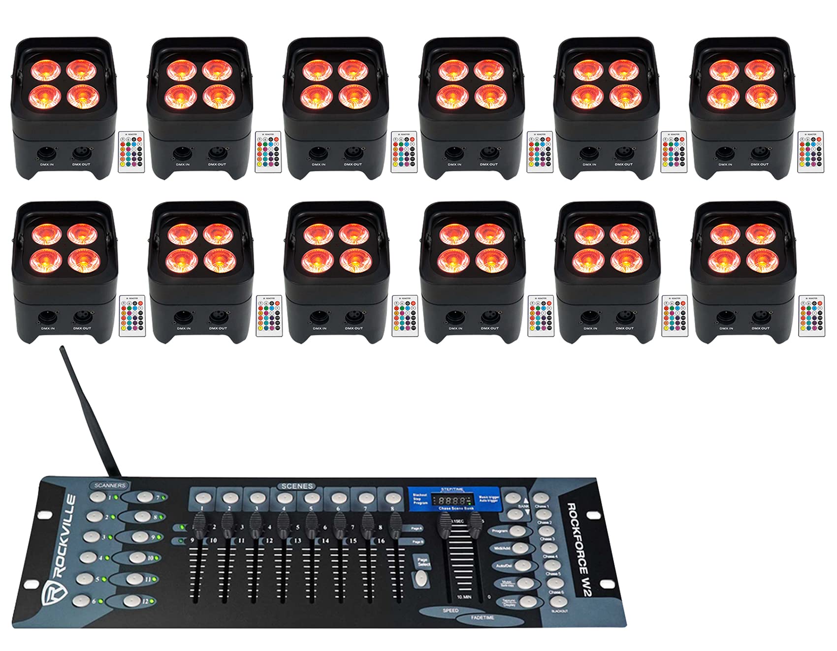 (12) Rockville Best PAR 50 Battery Up Lights Wireless DMX+Controller+RGBWA+UV