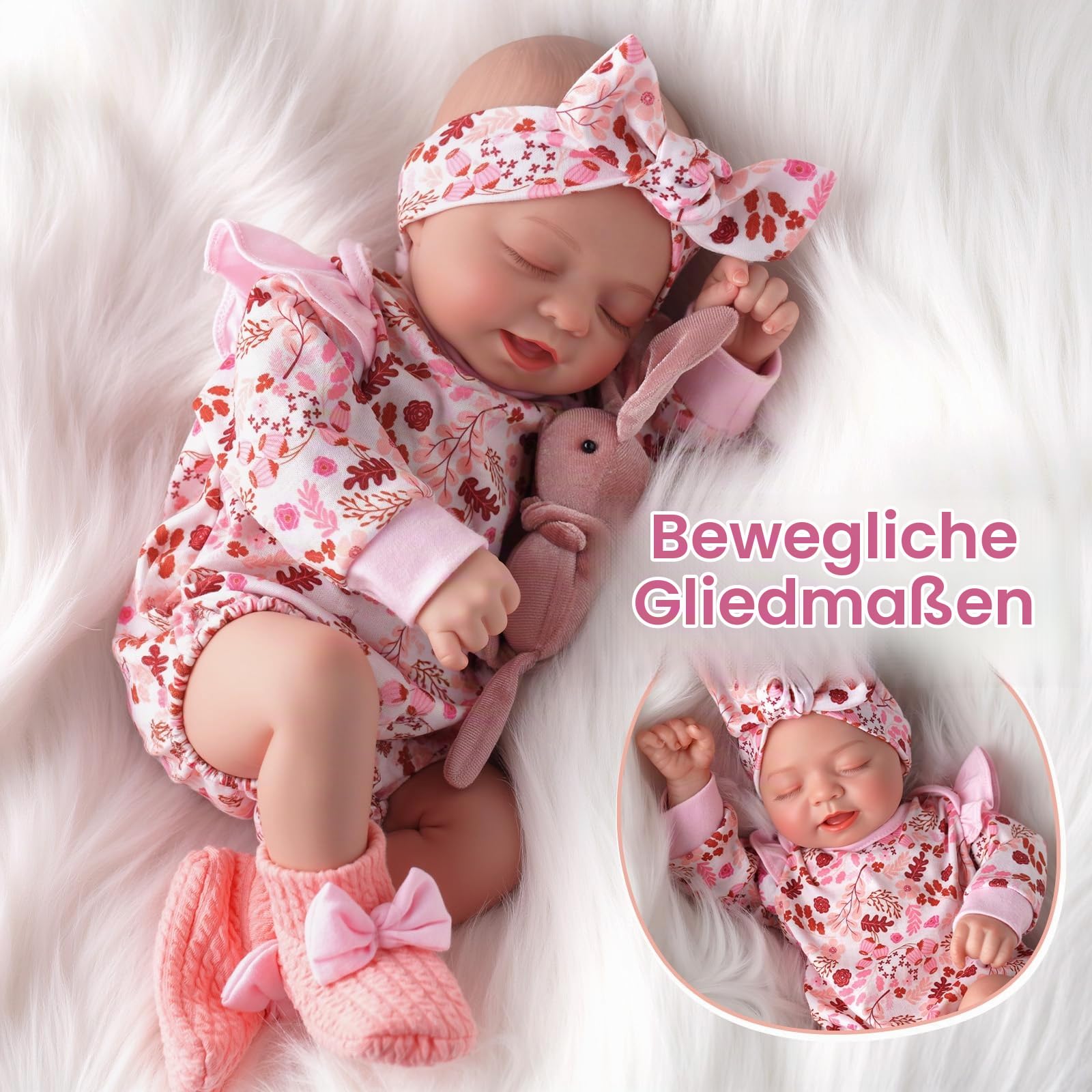 BABESIDE Lebensechte Reborn-Babypuppen 43 cm Realistische Schlafende Neugeborene-Puppe, Handgemachte echte Babypuppe mit rosa Blumenkleidung und Spielzeugaccessoires, Geschenk für Kinder ab 3 Jahren