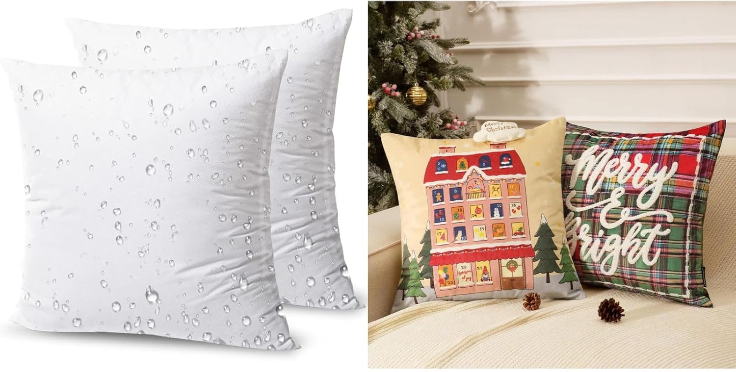 Phantoscope Bundle - Outdoor Pillow Inserts - Pack of 2 Water Resistant Polyester Throw Pillows 18X18 inches， Pack of 2 Christmas Throw Pillow Covers，Soft Velvet Plaid Pillow Covers 18x18 inches