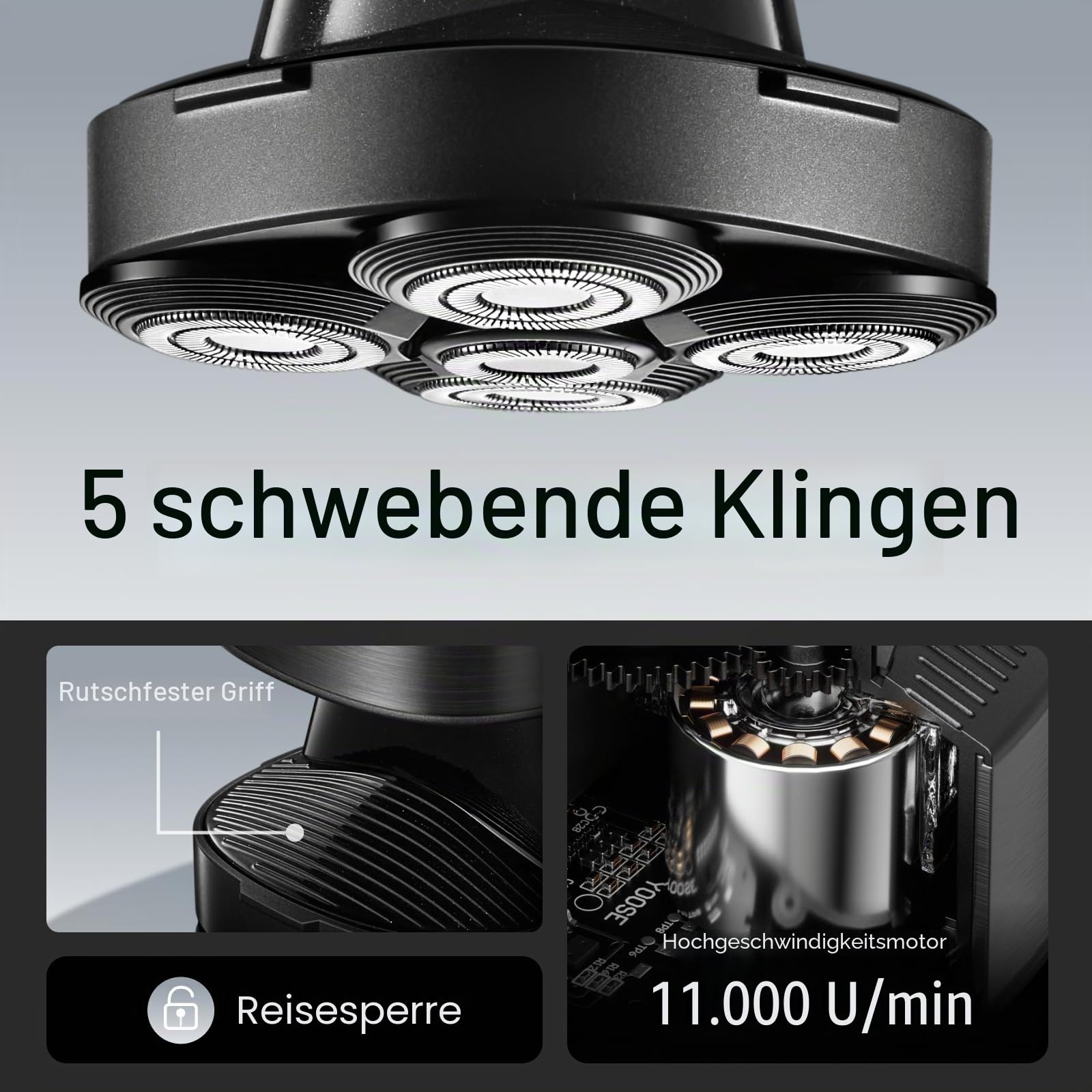yoose Glatzen- Rasierer Herren elektrisch, IPX7 Glatzenrasierer (magnetisch 5 Scherköpfe, 90 Mins Laufzeit, USB-C-Schnellladung, Akkuanzeige, Kabellos, Nass- & Trockenrasierer) kopfrasierer, schwarz