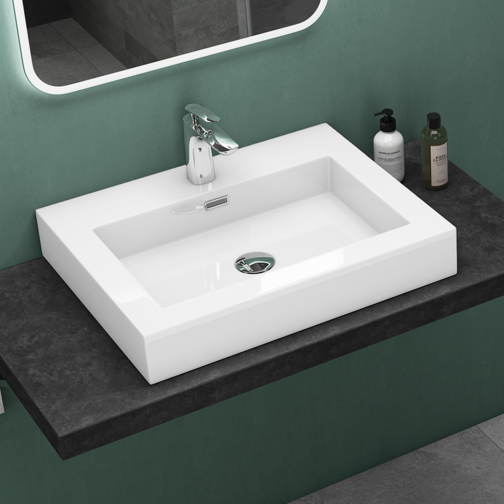 Mai & Mai Wall-Mounted Bathroom Basin 60cm Countertop Solid Surface Sink Colossum818 White Cast Marble Vanity Basin
