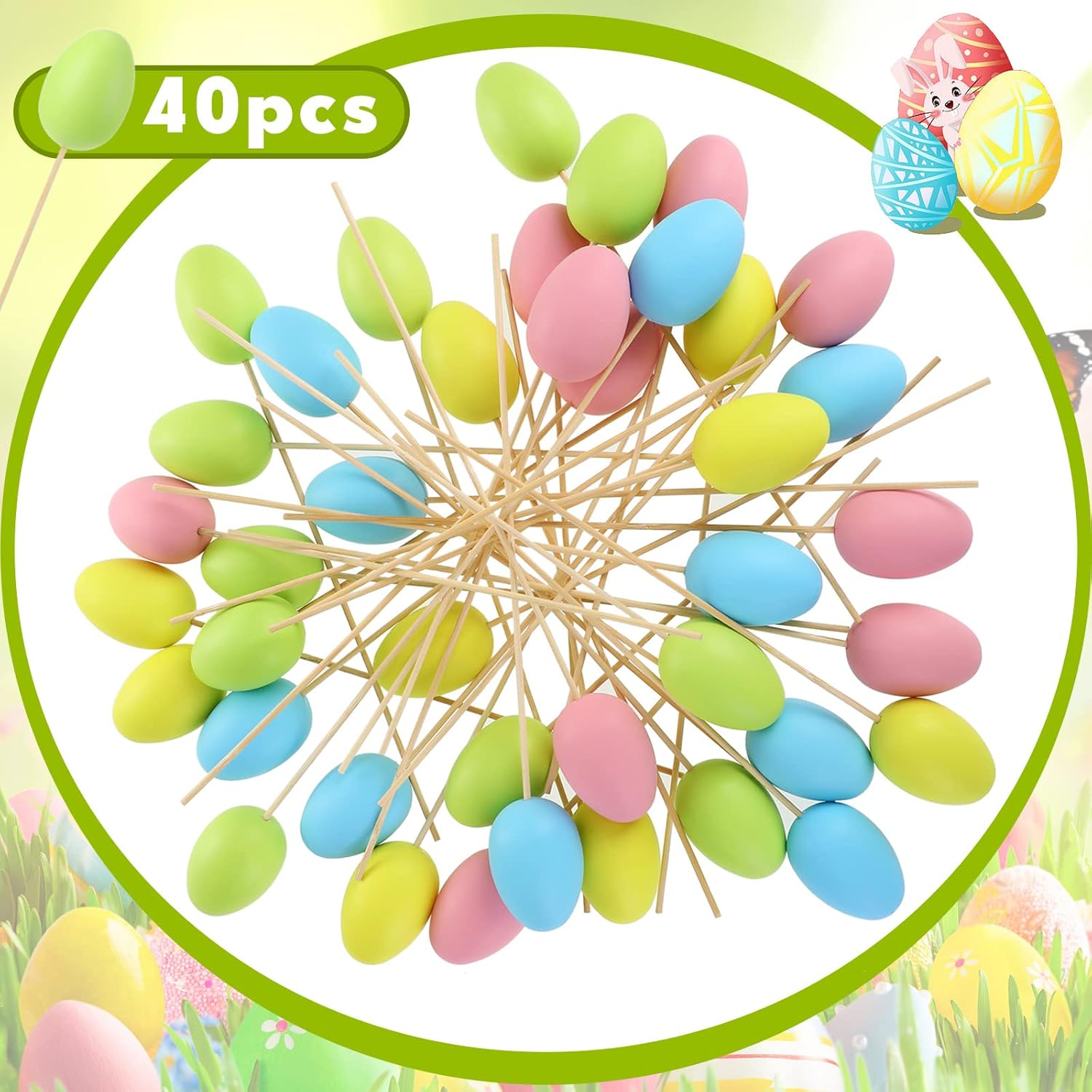 Sanwuta 40 Pcs Easter Egg Picks Pastel Foam Floral Sticks Easter Decorations for Home Vase Filler Floral Arrangement Spring Table Centerpiece Basket Decor DIY Crafts(Classic Color)