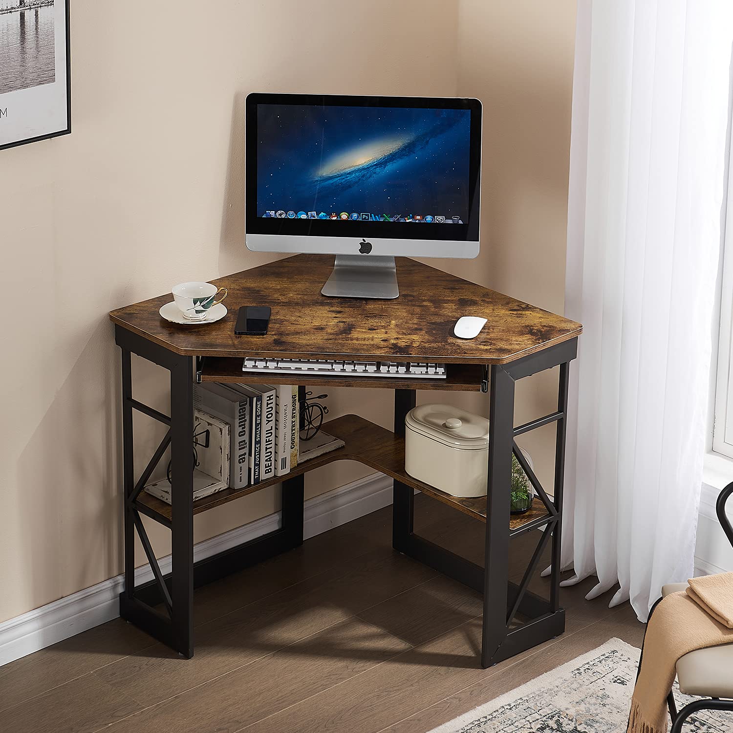VECELO Corner Work/Writing, Compact Home Office Desk,with Smooth Keyboard Tray & Storage Shelves, Antique Brown