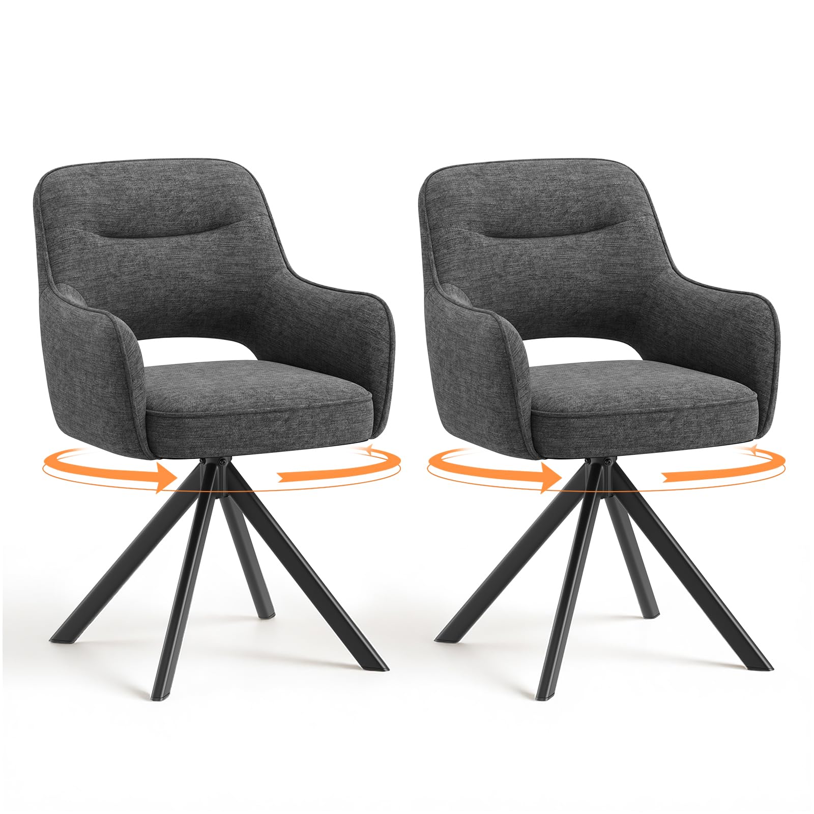COLAMY 360°Swivel Dining Chairs Set of 2, Fabric Chairs for Dining Room with Armrests, Hollow Backrest and Thick Seat Cushion, Kitchen Chair with Anti-Slip Pads, armchairs for living Room, Grey