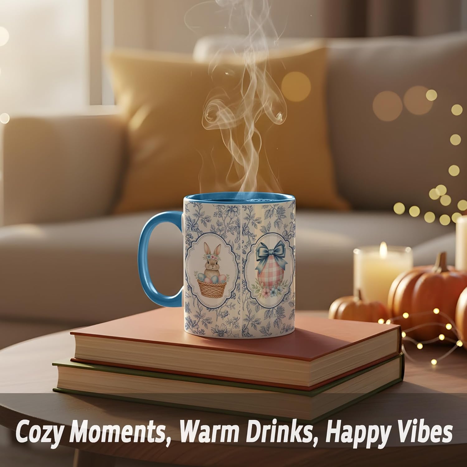 Decorative Bunny and Floral Egg Illustration Coffee Mug, Vintage Blue Floral Watercolor Design, Elegant Ceramic Mug for Spring Home Decor, Gift for Friends and Family - Image 3