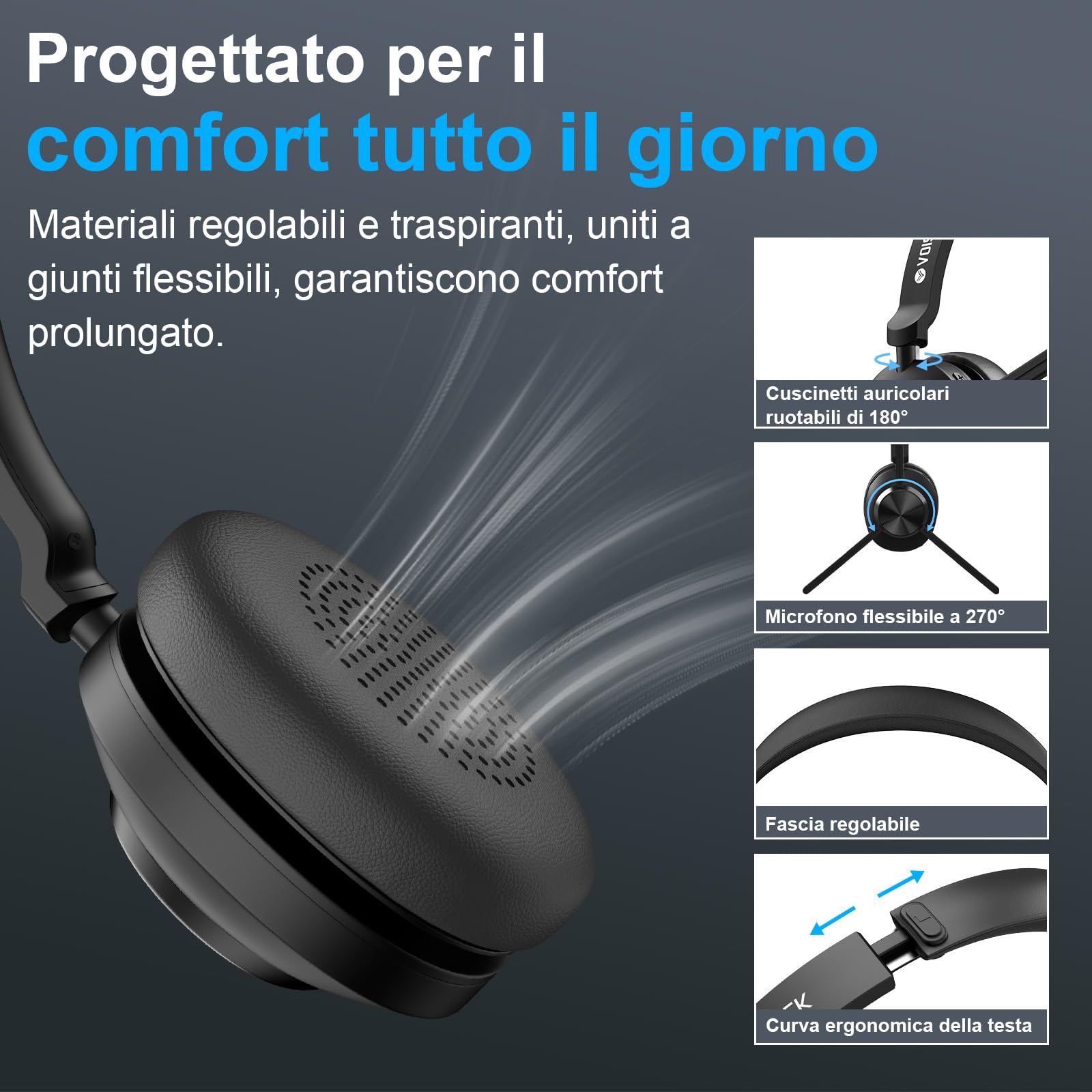 Voistek Cuffie Bluetooth Wireless con Microfono e Cancellazione del Rumore, Dongle USB per PC, Pulsante Muto, Ideali per Ufficio, Meeting, Zoom, Call Center, Homeoffice, Computer, Nero