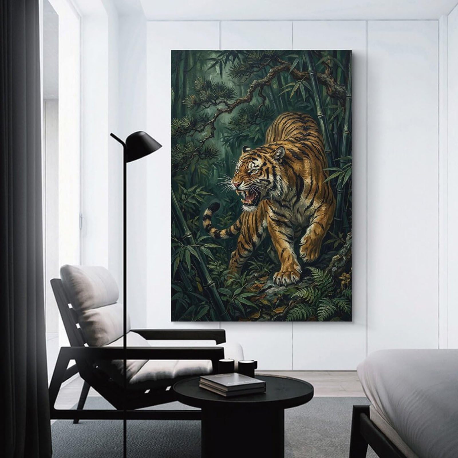 Junmoney Wall Picture Print Fierce Tiger in Bamboo Forest, 16x24inch(40x60cm), for Living Room, Bedroom Or Apartment Walls, A Home Accent with Warm Character