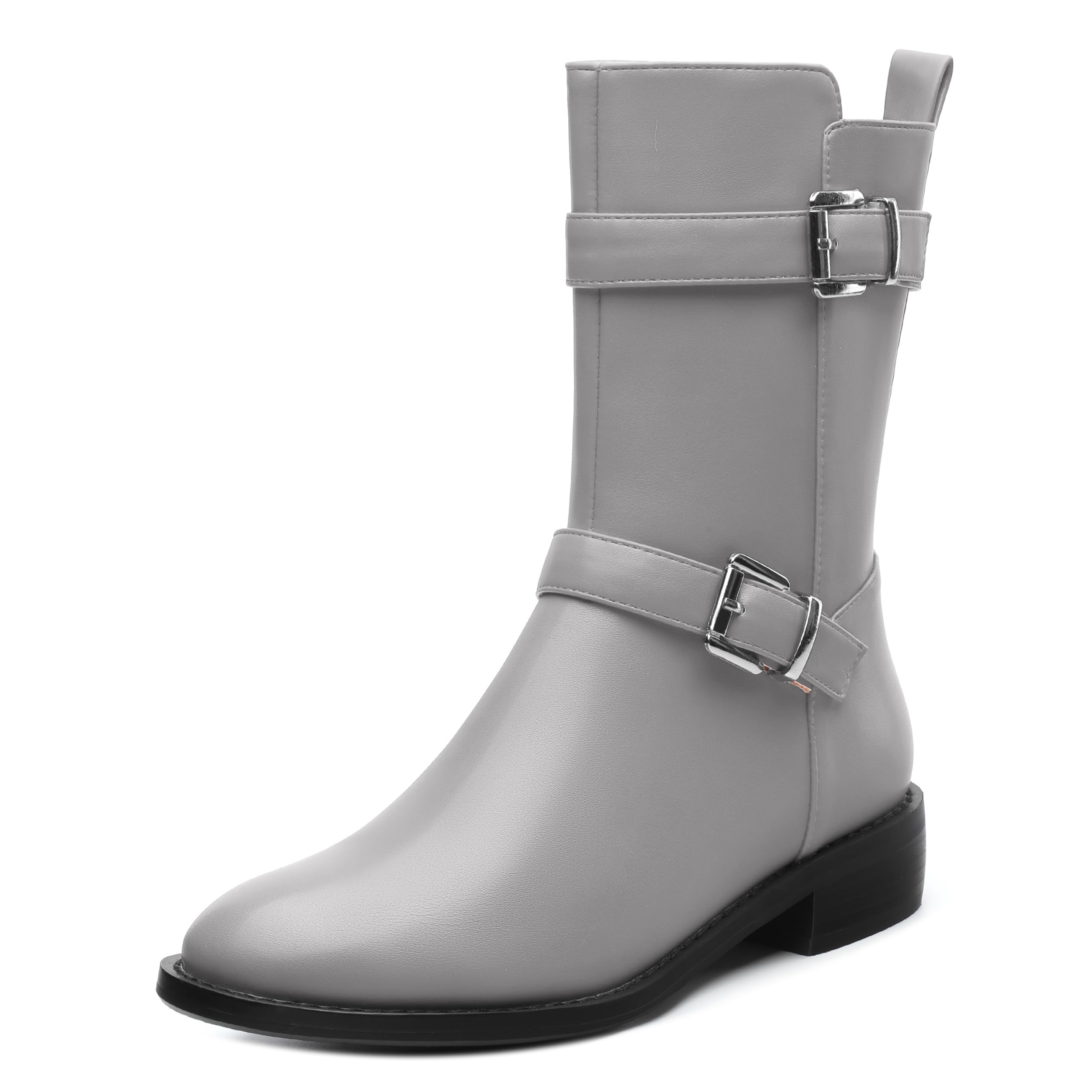 ROSERWISH Mid Calf Boots for Women Riding Ankle Boots Round Toe Low Chunky Heel Short Boots Fashion Fall Winter Combat Booties Buckle Style Dress