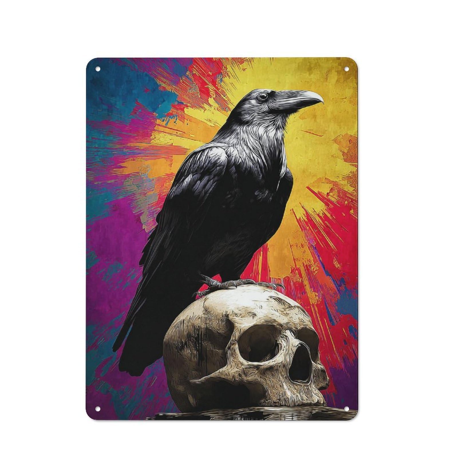 Junmoney Raven Perched On Skull Against Vibrant Backgr Tin Wall Plaque 40X30cm With Ound -1 For Garage Or Workshop, For Living Room, Hallway And Entrance Wall Decor