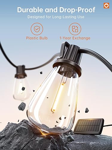 Miniatura 7 de addlon Tira de luces solares de 54 pies (48+6) para exteriores, impermeable, con puerto USB y control remoto, luces solares regulables para patio,