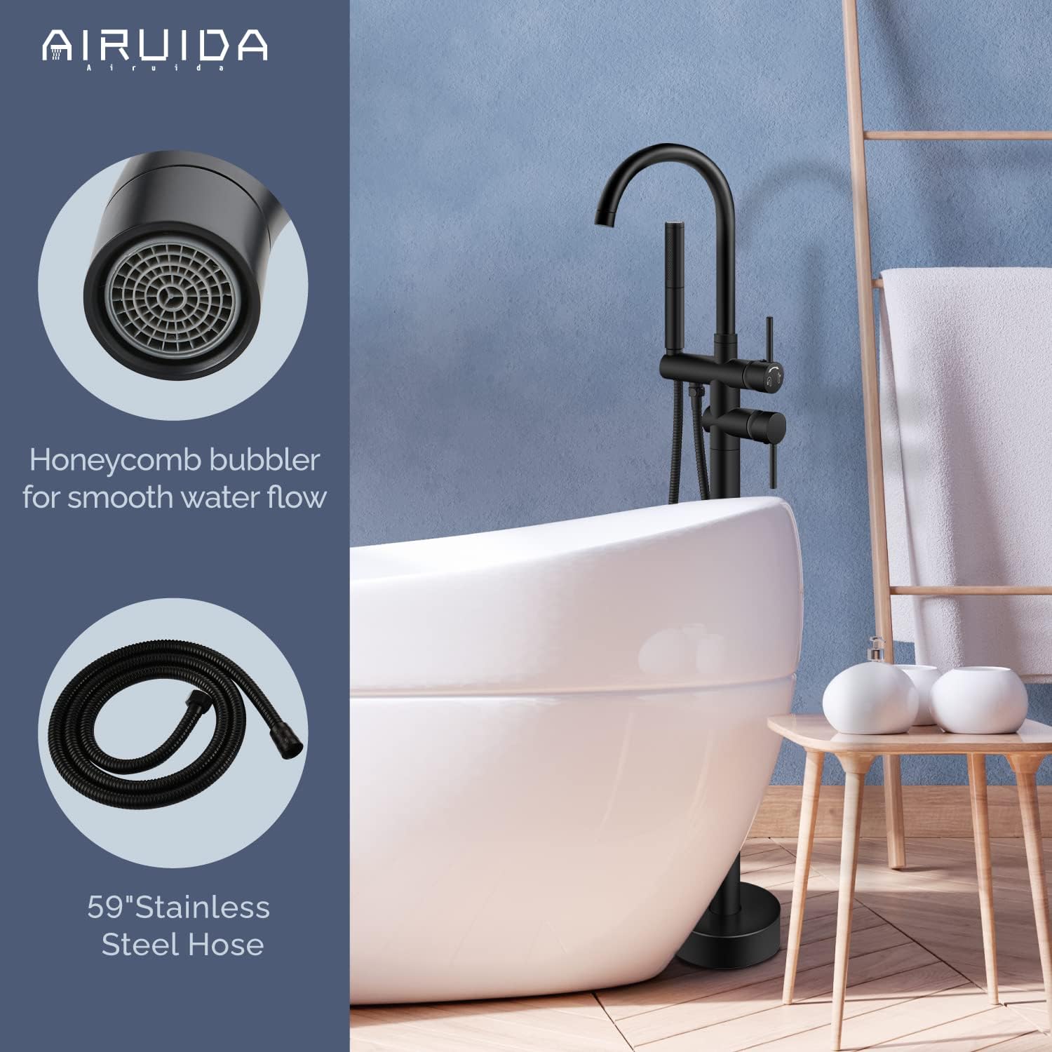 Hottest Sale Airuida Freestanding Bathtub Faucet Solid Brass Black Floor Mount Tub Filler with 2 Function Handheld 360 Degree Swivel Standing High Flow Spout Mixer Taps Review Discount Airuida Freestanding Bathtub Faucet Solid Brass Black Floor Mount Tub Filler with 2 Function Handheld 360 Degree Swivel Standing High Flow Spout Mixer Taps