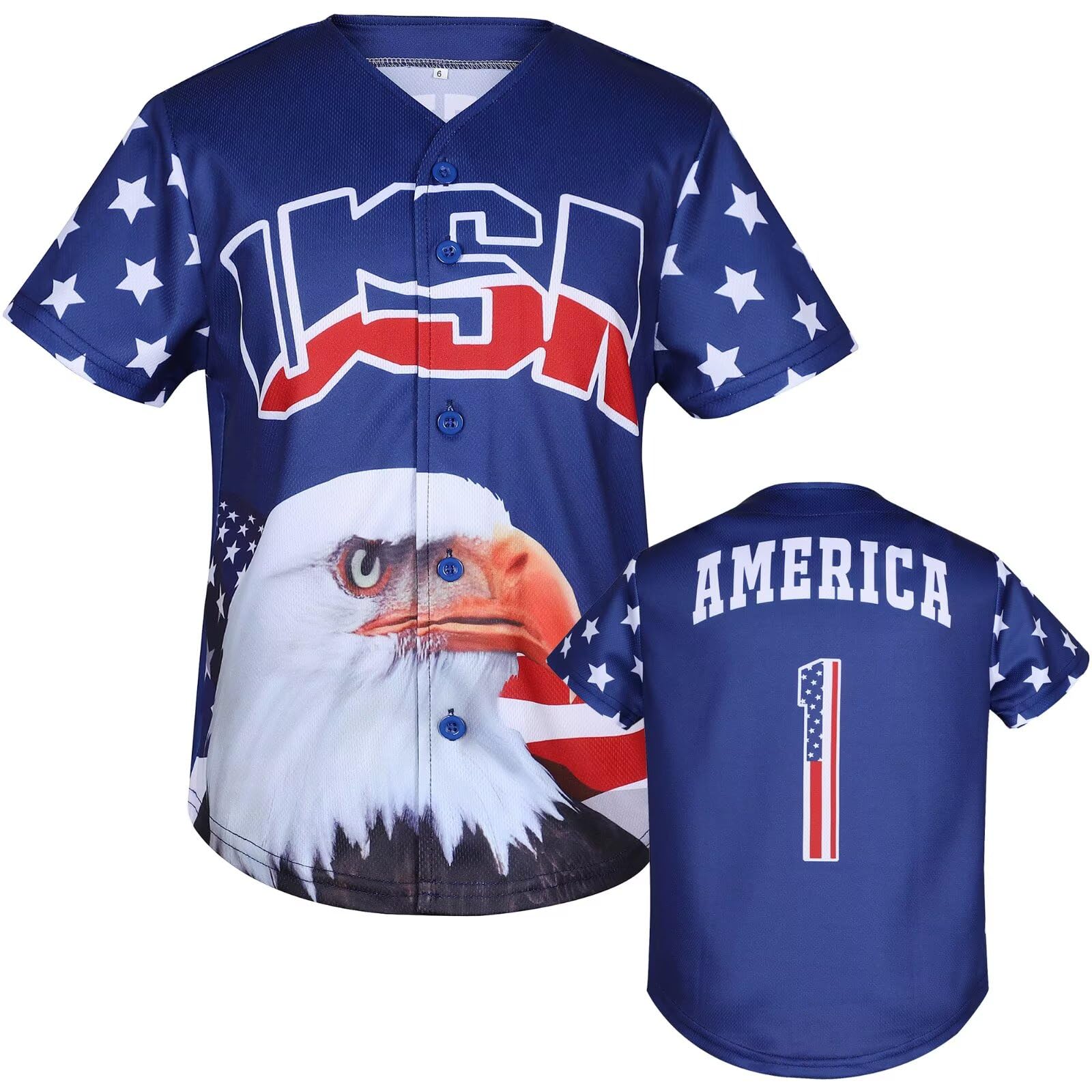 Kids USA Baseball Jersey Independence Day Shirt Patriotic Tshirts 4th of July Button Shirts #1 Blue