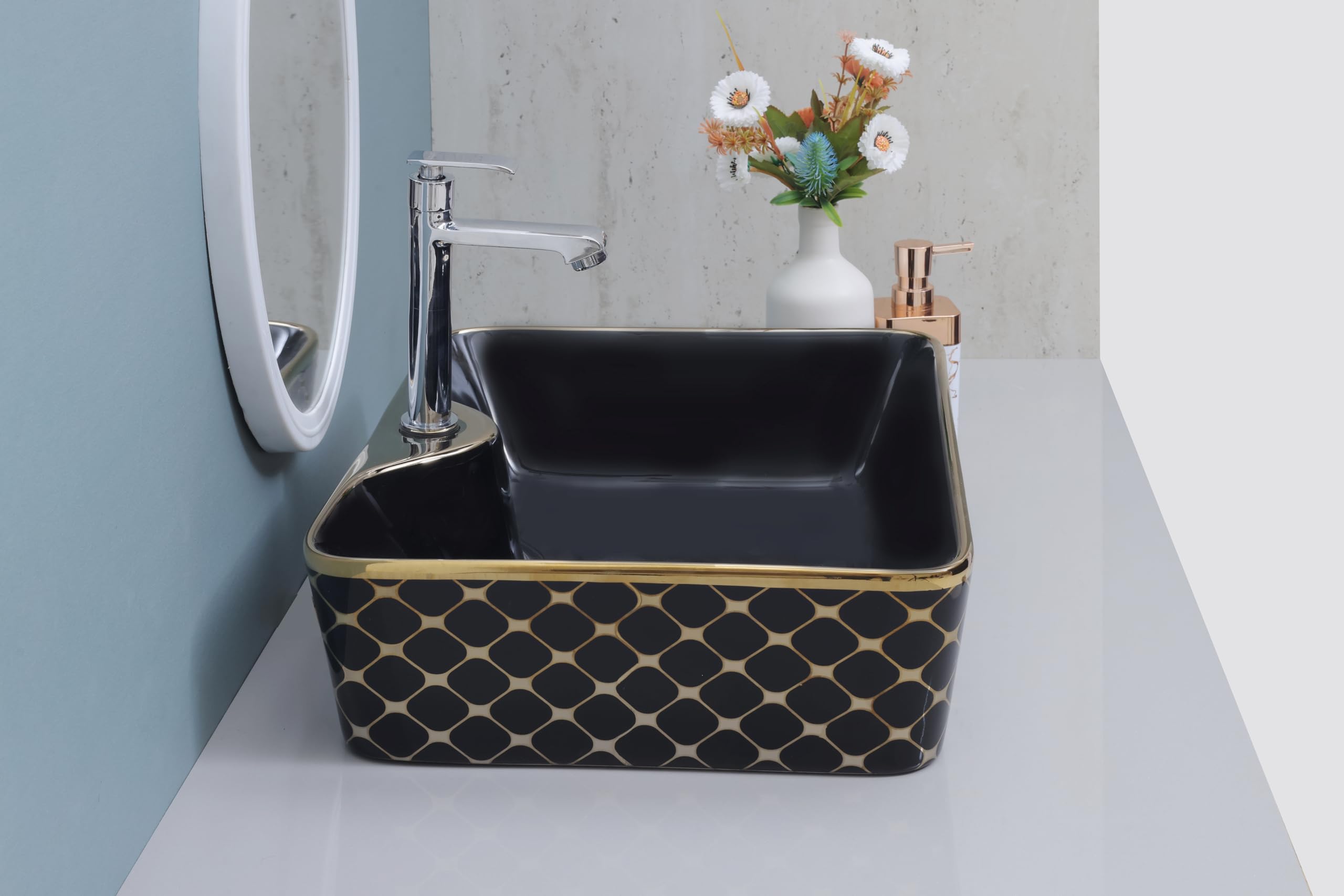 HISRE Ceramic Tabletop Wash Basin (19 x 14 x 5 Inch), Luxrious Glossy Rectangle Wash Basin, European Style Designer Counter Top Vessel Sink for Bathroom & Living Room (Model - G1112), photo 3 of 3