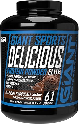 Giant Sports Delicious Elite, 0.85 oz de batido de chocolate en polvo de proteína de suero con aminoácidos de construcción muscular, 5 libras