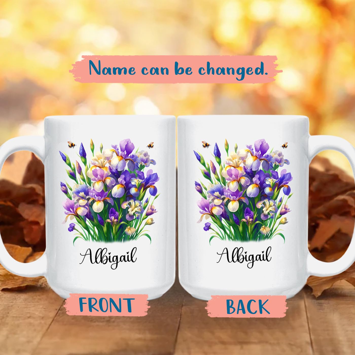 Personalized Iris White Coffee Mug, Iris Flower Teacup Gifts for Birthday, Customized Name Flower Lover Coffee Cup 11 Oz 15 Oz, Nature Floral Iris Ceramic Mug, Spring Flowers Iris Cup For Her Wife