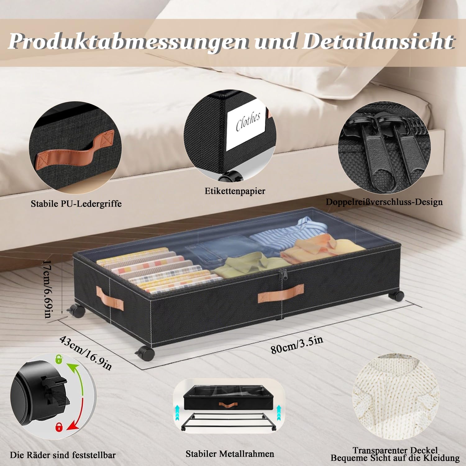 2 Stück Unterbett Aufbewahrungsbox mit Rollen, 50L Metallrahmen Unterbett Aufbewahrung, Bettkasten Aufbewahrung Transparentem Deckel, Unterbettkommode mit Abnehmbarer Trennwand, für Kleidung