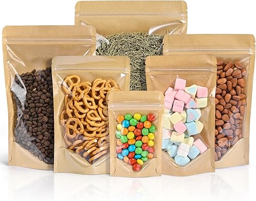 FireKylin 100 bolsas de pie, bolsas de papel kraft de 4.7 x 7.9 pulgadas con ventana, bolsas transparentes para Fornt, resellables, con cierre de FireKylin 100 bolsas de pie, bolsas de papel kraft de 4.7 x 7.9 pulgadas con ventana, bolsas transparentes para Fornt, resellables, con cierre de