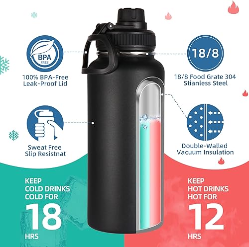 Miniatura 3 de Volhoply Botellas de agua aisladas de 32 onzas a granel con tapa de popote y tapa de boquilla, botella de agua deportiva de acero inoxidable, tazas