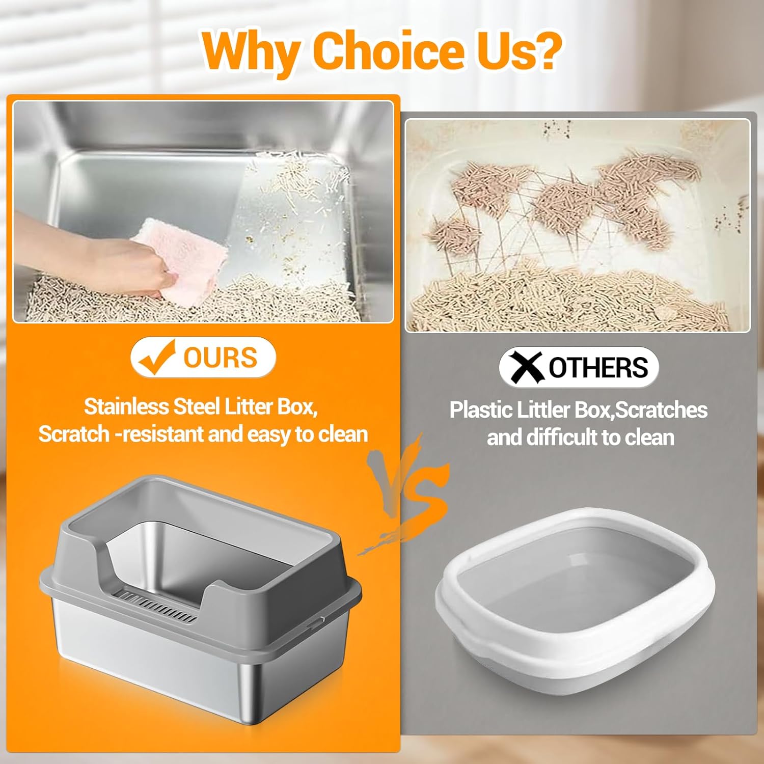 Enclosed Stainless Steel Cat Litter Box with Lid Extra Large Litter Box for Big Cats XL Metal Litter Pan Tray with High Wall Sides Enclosure, Non-Sticky, Anti-Leakage, Easy Cleaning