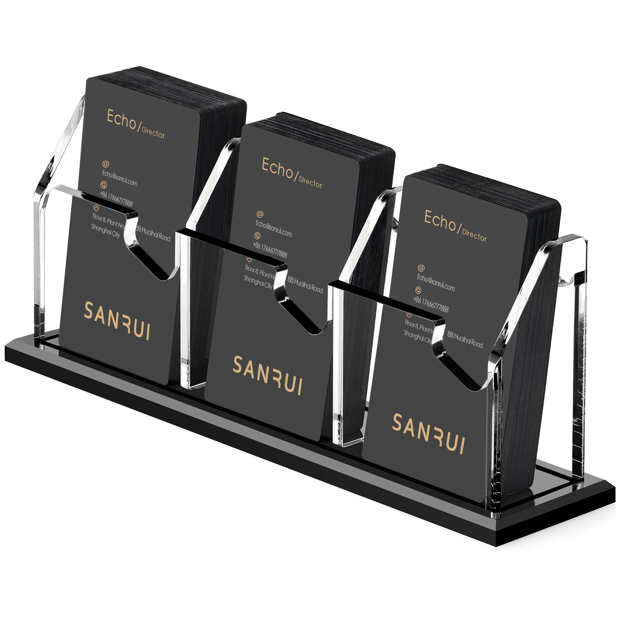 SANRUI Black Business Card Holder for Desk Vertical 3 Slot 1 Tier , Clear Acrylic Name Card Stand for Women and Men, Desktop Organizer Display for Office Home Exhibition - 180 Card Capacity 1 Pack