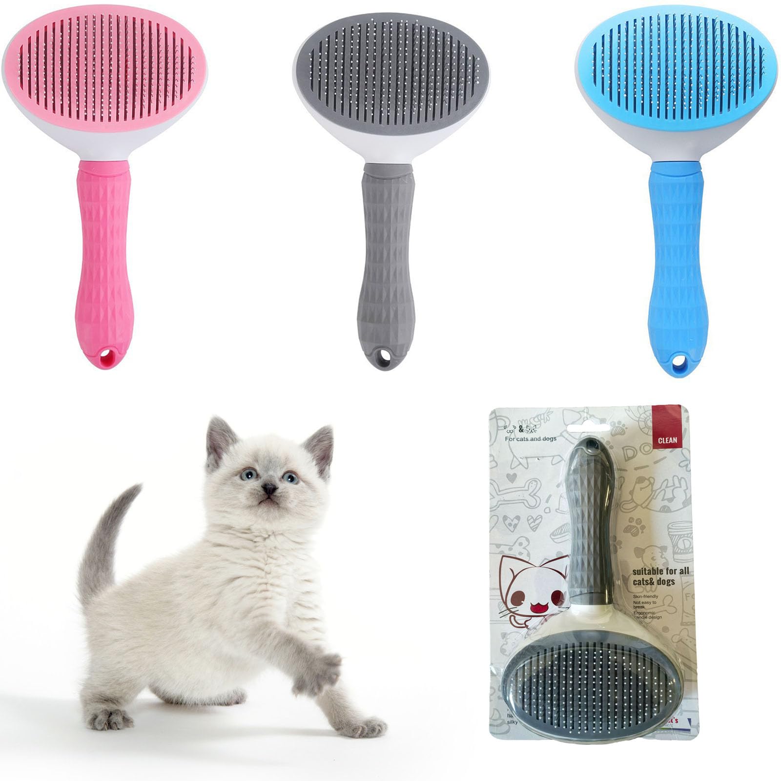 Cat Brush with Release Button, For Indoor Cat Hair Removal, Self Cleaning Cat Comb Hair Brush for Indoor Cats, Pet Supplies Hair Remover Tool (White-Pink)