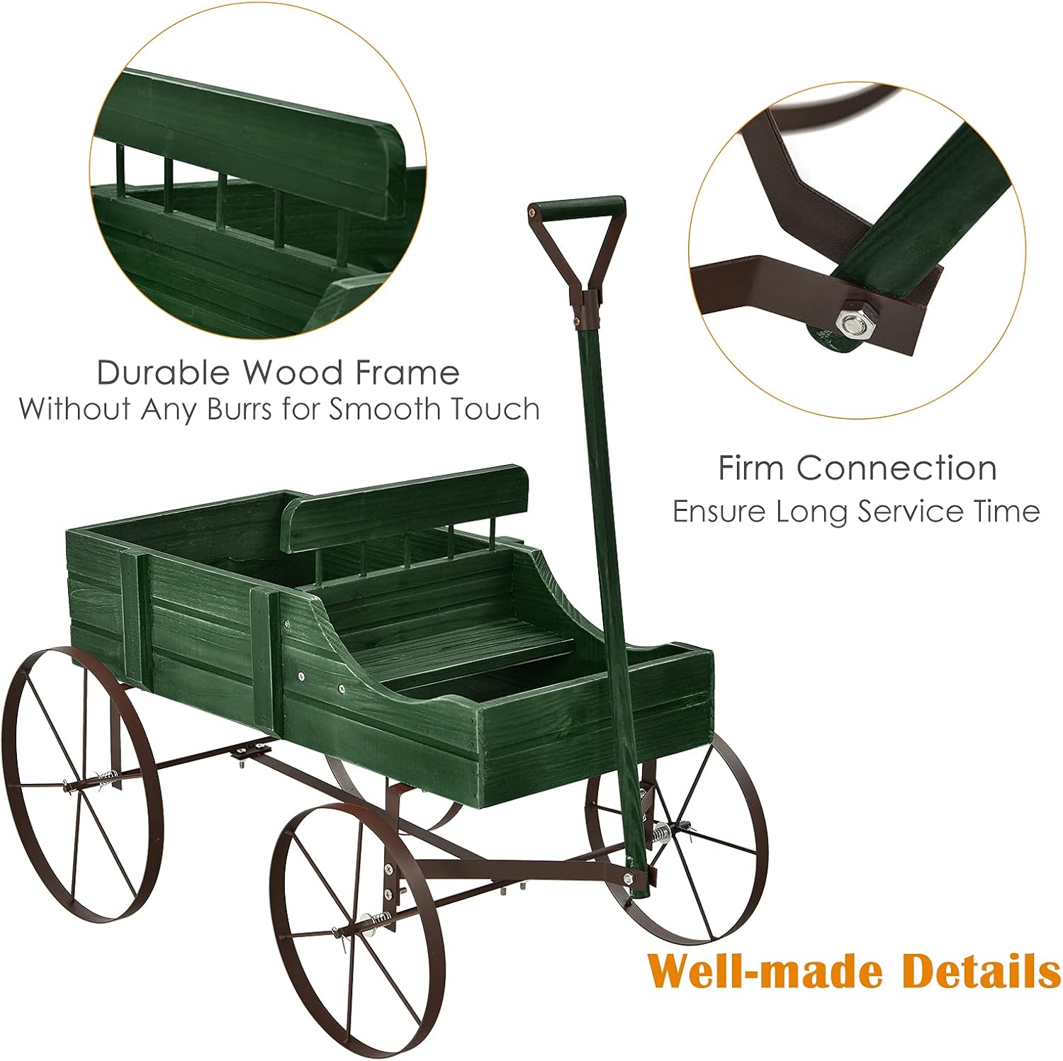 Goplus Wagon Planter, Decorative Wooden Garden Planter with Wheels, 2 Planting Sections and Adjustable Handle, Indoor Outdoor Backyard Balcony Decor (Green)