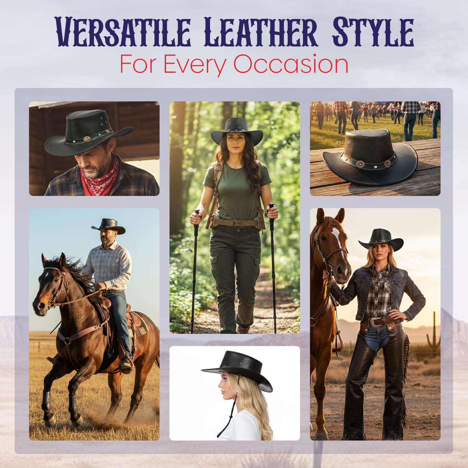 Equine Care Cappello da cowboy in pelle nera (L 58-59 cm) per uomini e donne - Cappello Western Outback in vera pelle bovina spaccata con tesa modellabile da 2,7 ″, banda concho decorativa, cappello
