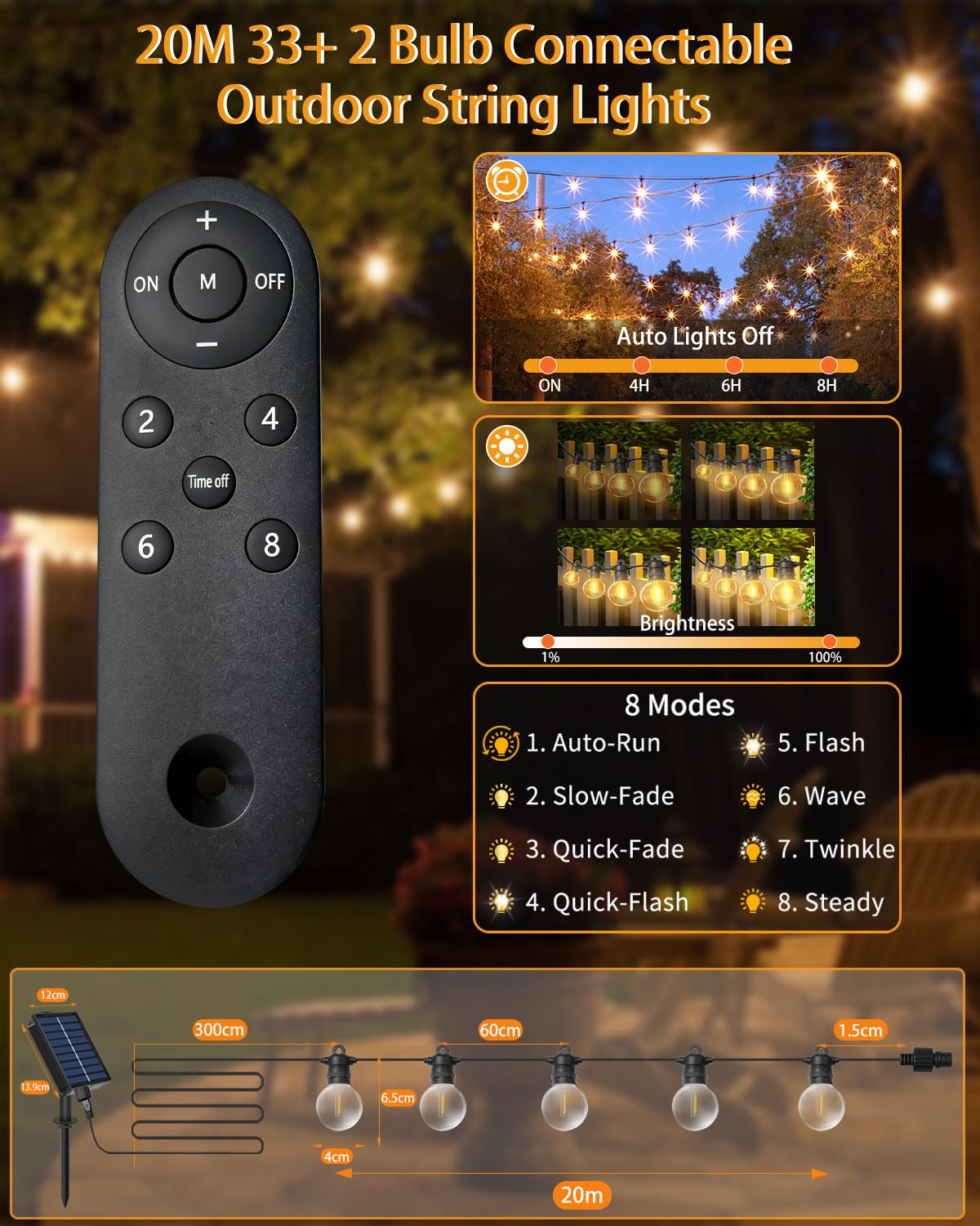 lP68 Cadena de luces LED para exteriores, bombillas G40, plástico ABS, cadena de luces para exteriores, solar, resistente al agua, para romántico, jardín, balcón (solar, 20 m, 34 bombillas)