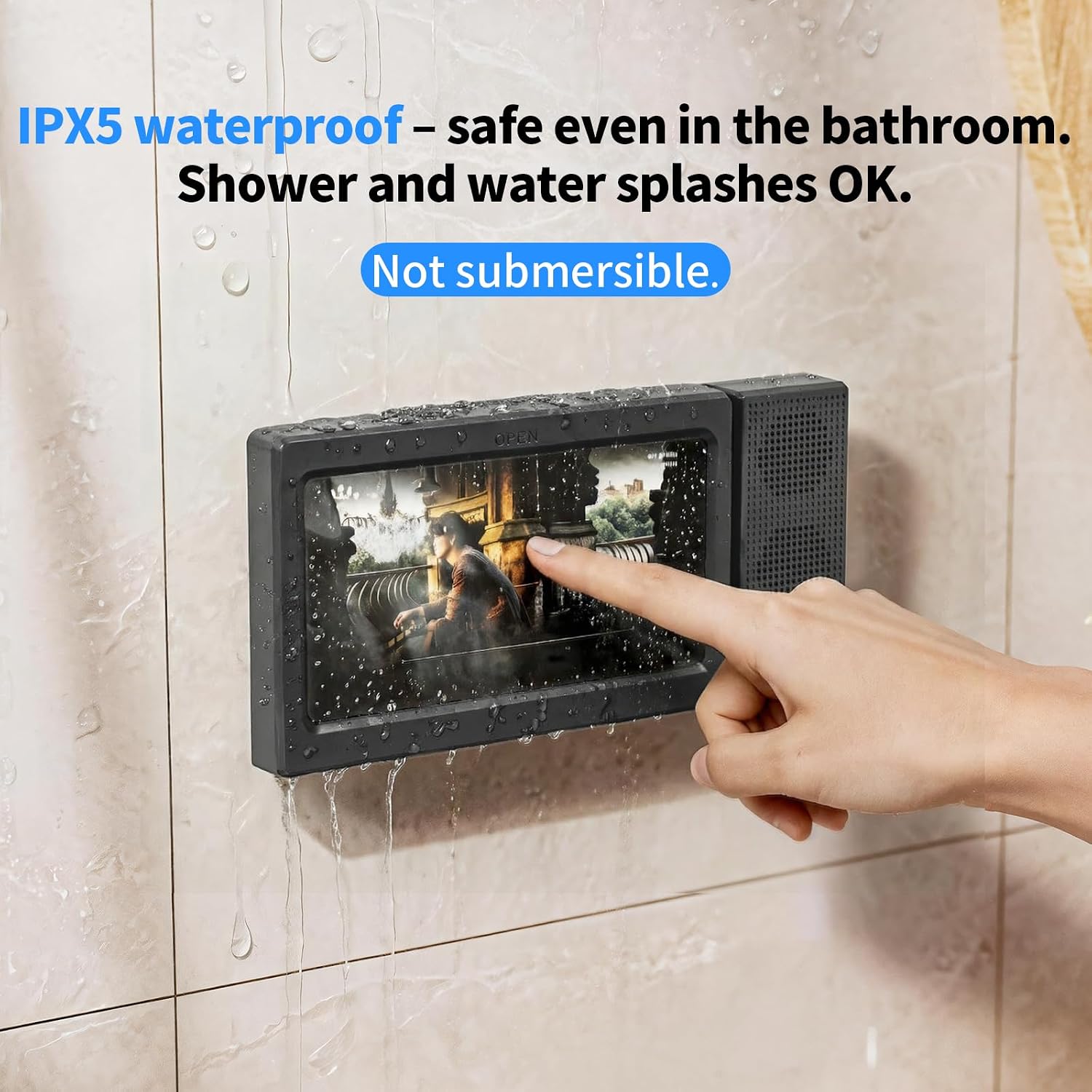 Shower Phone Holder Waterproof with Dual Bluetooth Speaker,360°Rotatable Shower Phone Case,Anti-Fog Bathroom Wall Mount for Mirror Bathtub Kitchen,Fits iPhone 17 16 S26U 4-7" Phone Stand(Deep Black)