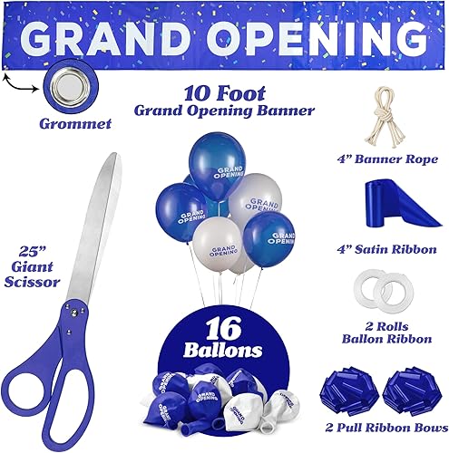 Miniatura 2 de Kit de ceremonia de corte de cinta de gran apertura, tijeras gigantes de 25 pulgadas con cinta de satén azul, pancarta, lazos, globos y más