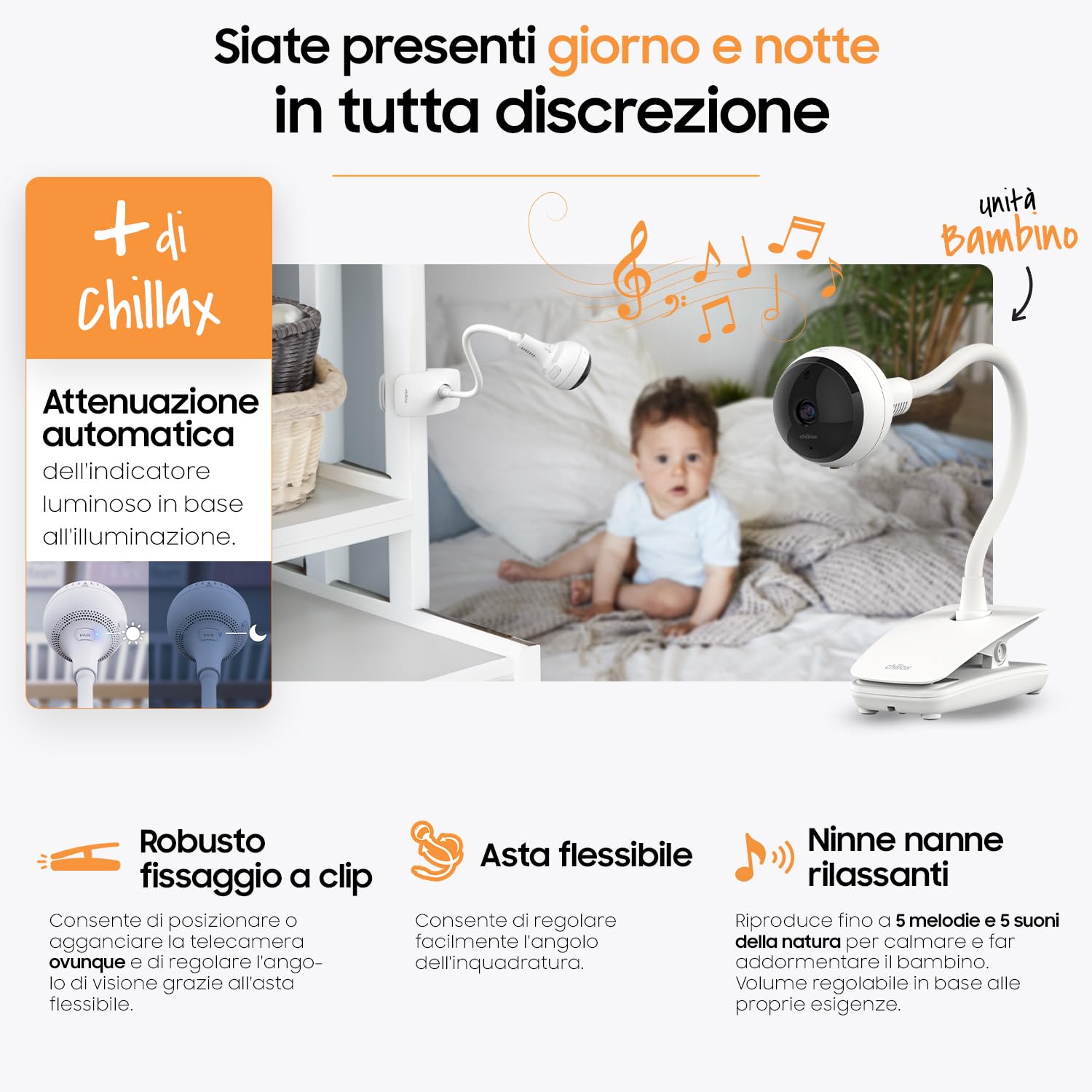 CHILLAX - Baby monitor Video Giraffe Clip - LCD HD 5'' - Camera Full HD 1080p - Asta flessibile - Visione notturna - WalkieTalkie - WiFi On/Off - Ninnenanne - Allarme sonoro e di movimento - App