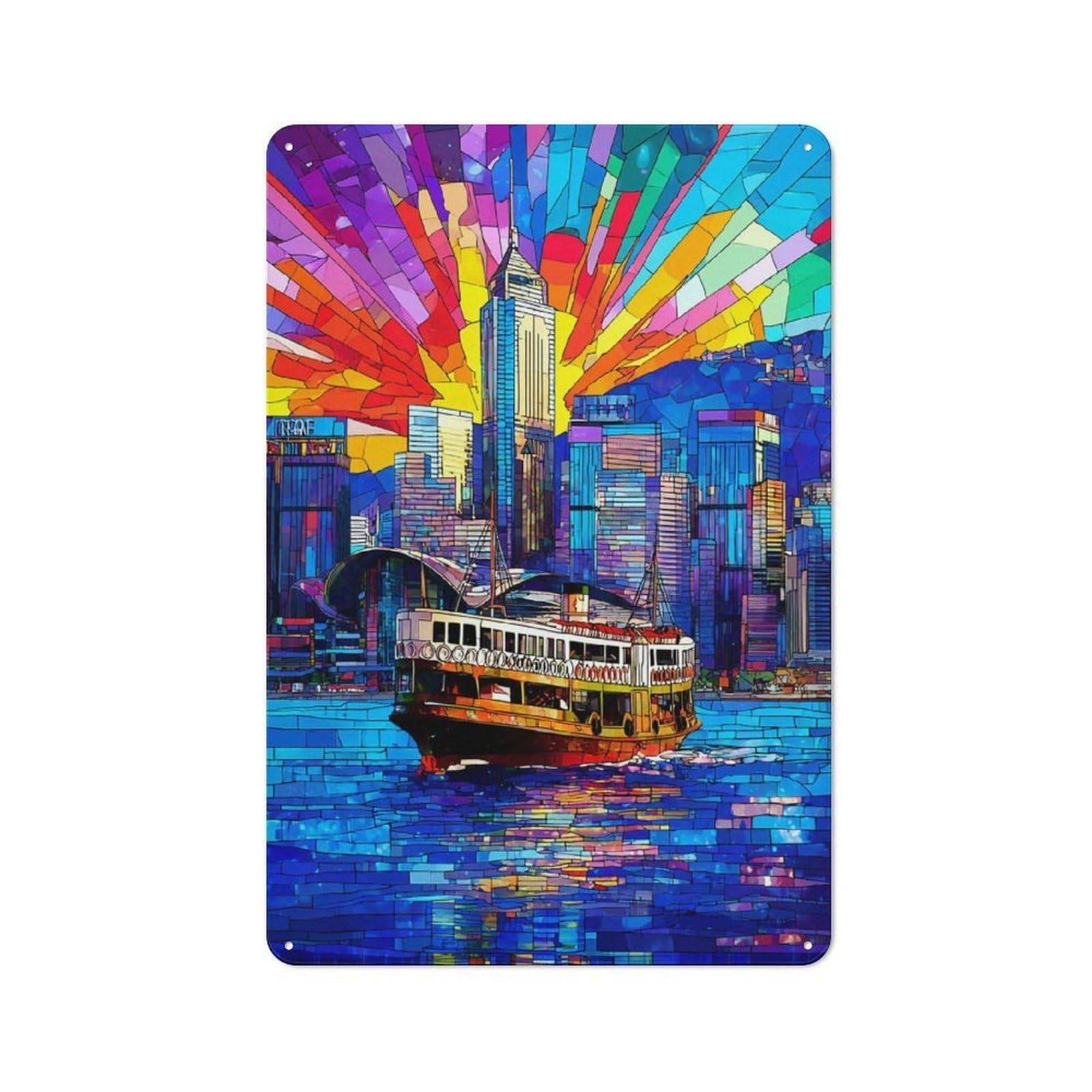 Junmoney Stained Glass Cityscape With Ferry Modern Retro Metal Wall Decor 30X20cm, Metal Wall Sign For Loft, Studio, Office Or Creative Room