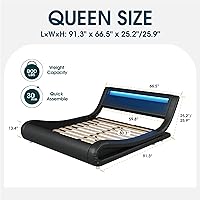 Vista 39 de WEEWAY Moderno marco de cama matrimonial con cabecera de luces LED RGBW, diseño de trineo tapizado de perfil bajo, soporte de listones de madera