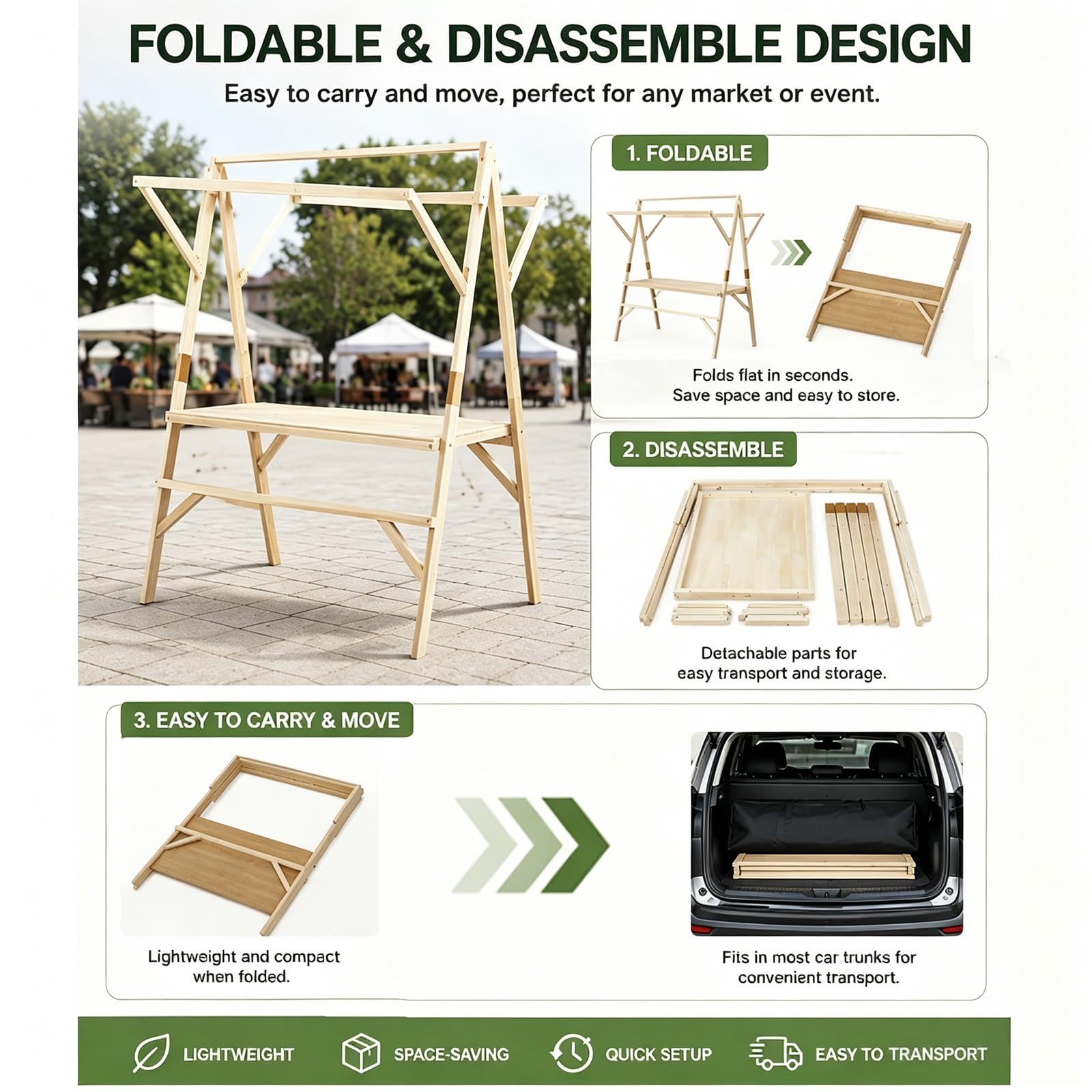 Puesto de Venta con Toldo, Stand de Venta Plegable de Madera – Puesto para Ferias y Mercadillos, Puesto Ambulante con Expositor para Mercado Agrícola(120x60x200cm/47x24x79in)