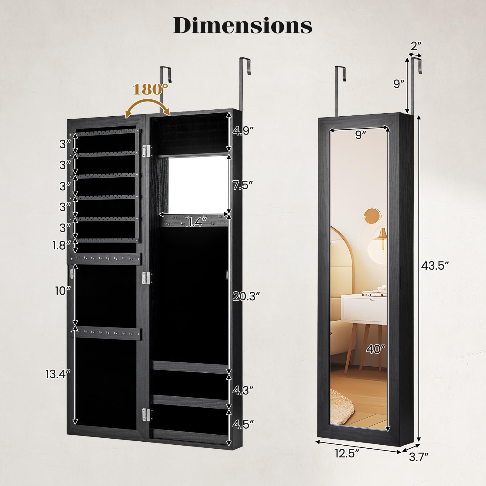 Armario-Organizador De Joyas Con Espejo Y Ruedas - 2 Espejos, LED, Cerradura, Negro