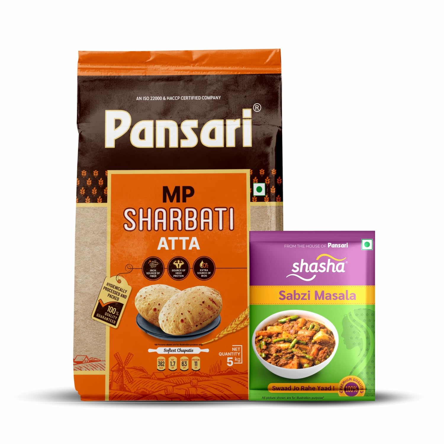 Pansari 100% Natural MP Sharbati Wheat Atta 5 kg with Free Sabzi Masala | Whole Wheat Flour | Freshly Milled | No Mixture | High Fiber | No Preservatives | Stone-Ground for Authentic Taste | 5Kg Pack