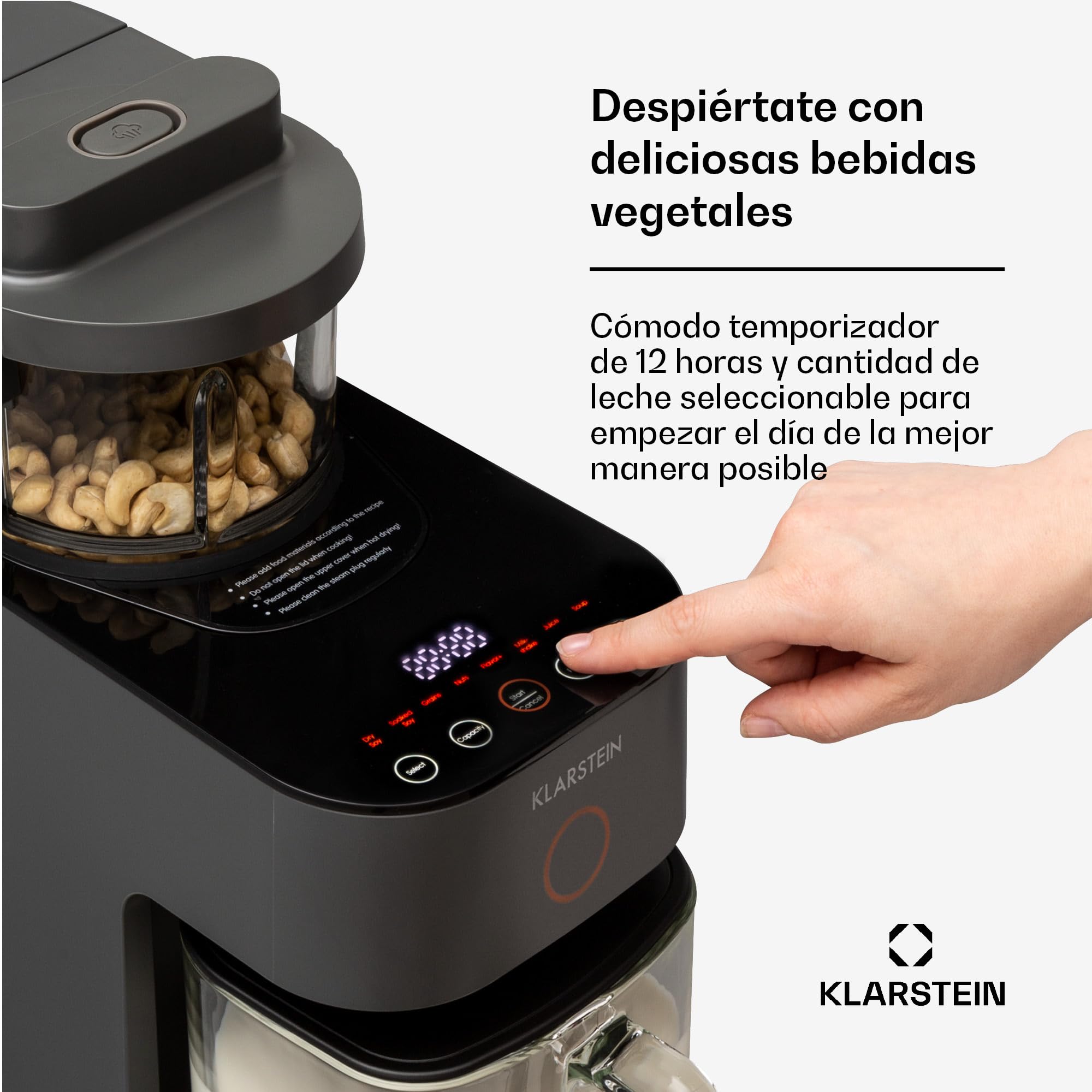 Batidora de pie Klarstein con 300 y 1250 vatios de potencia calorífica, para preparar leche vegetal y batidos, con tecnología de calentamiento de 360°, 30.000 rpm, pantalla táctil, negro