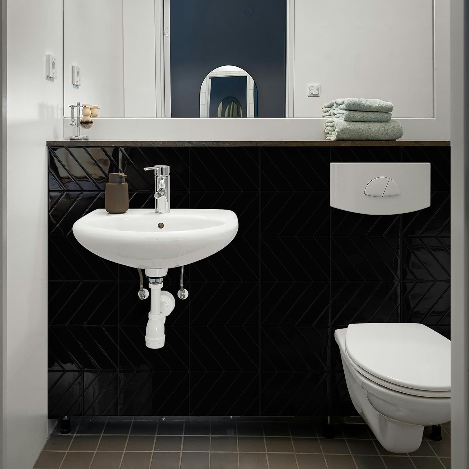 10-Sheet Herringbone Peel and Stick Backsplash Tiles for Kitchen, 3D Marble Look Self Adhesive Stick on Back Splashes Wall Tiles for Bathroom 11.5"x9" Black