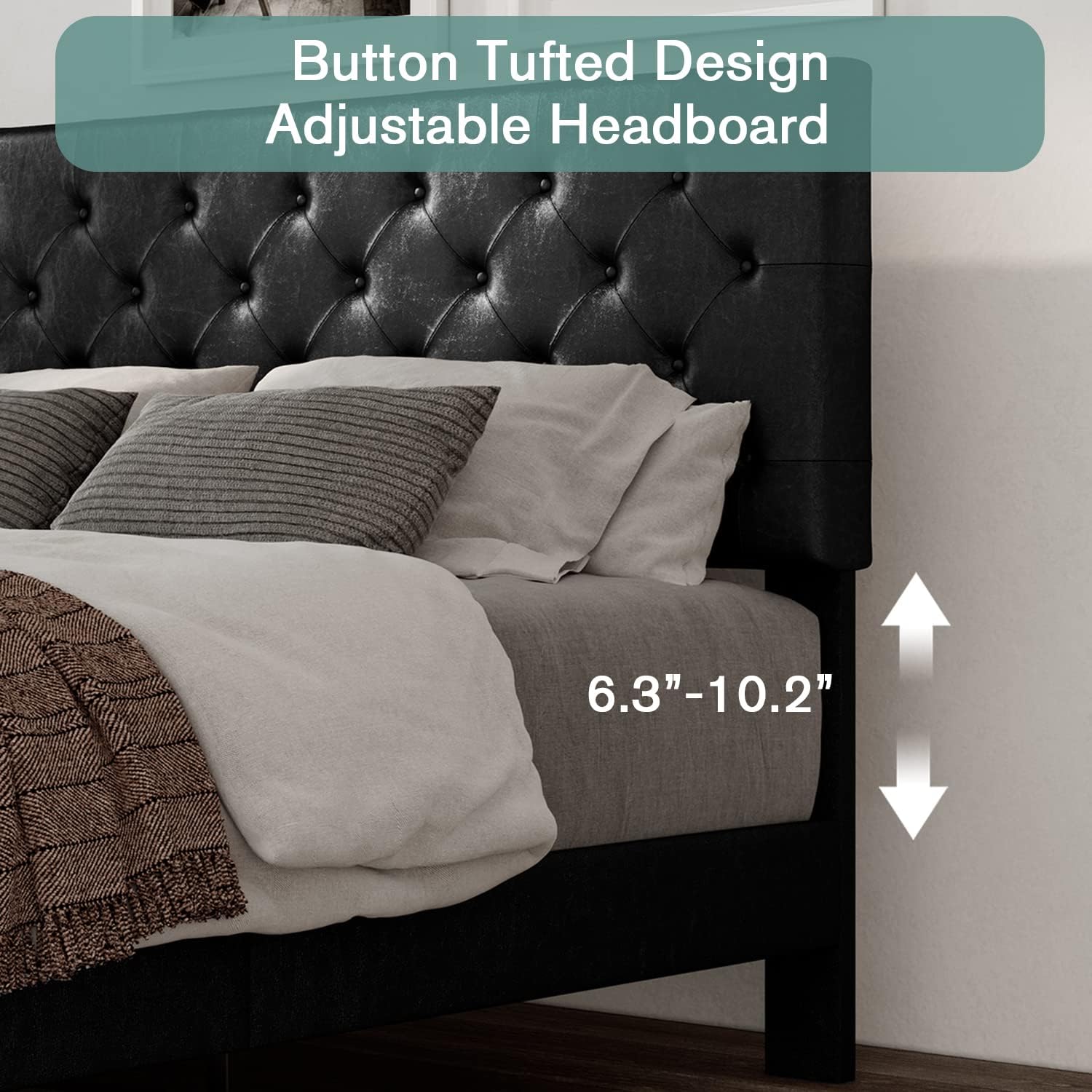 IMUsee Queen Size Faux Leather Upholstered Platform Bed Frame with Adjustable Button Tufted Headboard, Wooden Slats, and Cross Metal Rails Support, No Box Spring Needed, Easy Assembly, Black