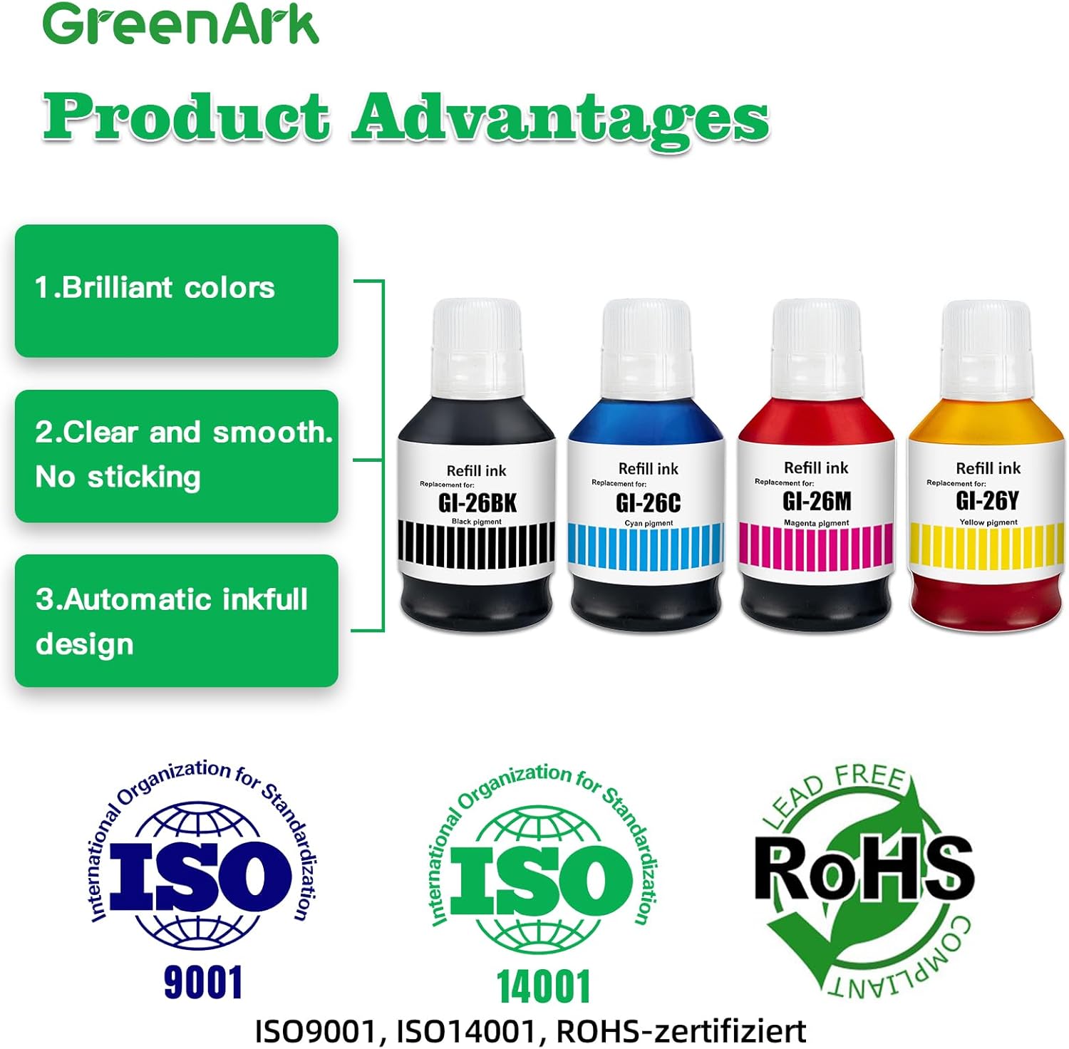 GREENARK GI-26 GI26 Ink Compatible for Canon GI-26 Refill Bottle Ink Replacement for Canon MAXIFY GX3020 GX4020 GX5020 GX5520X GX6020 GX6021 GX7020 GX7020X GX7021 (4 Packs,Black Cyan Magenta Yellow)