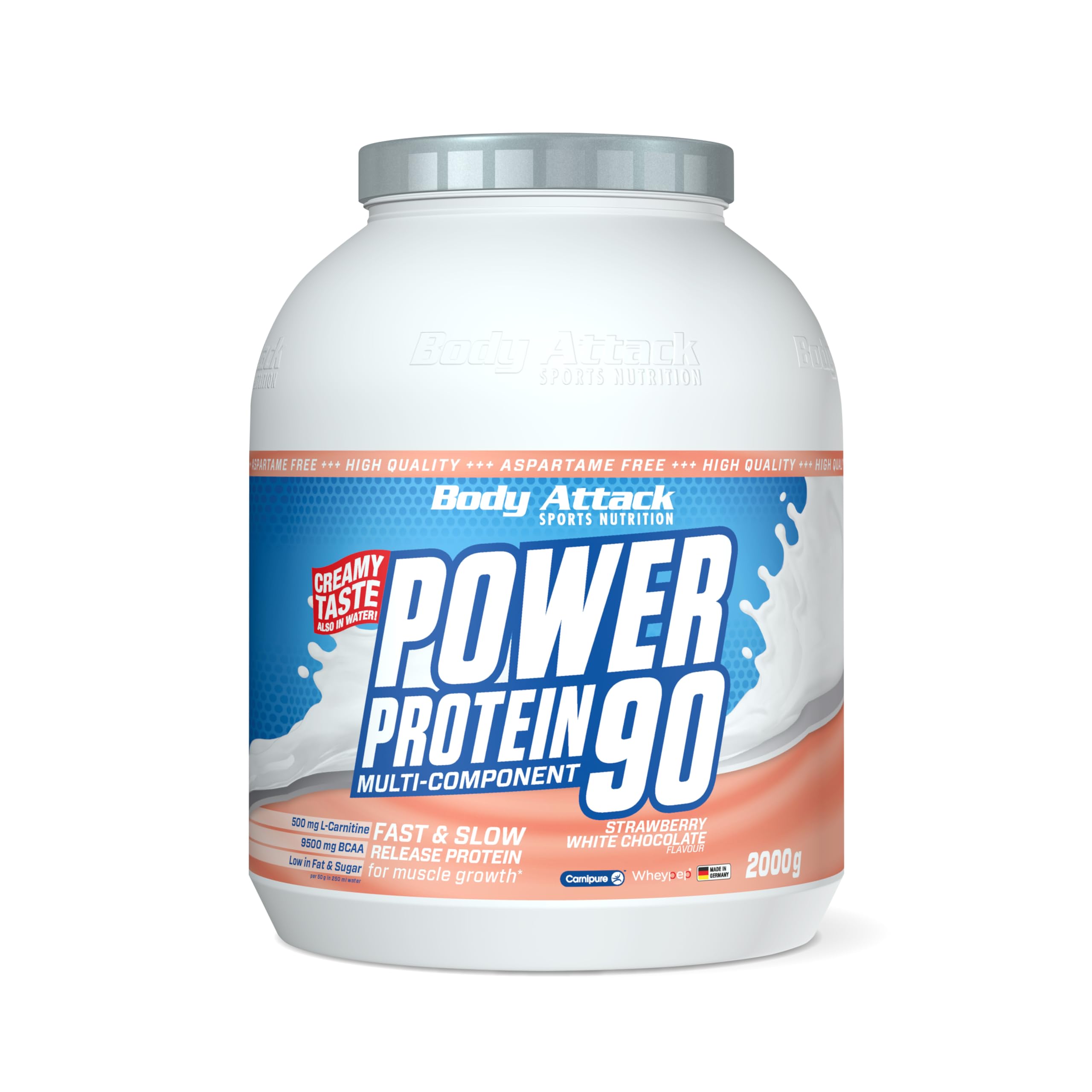 Body Attack POWER PROTEIN 90 - Strawberry White Choc - 2kg Dose - Mehrkomponenten Protein Pulver, Made in Germany - Mit BCAA, Vitaminen & L-Carnitin - Protein Shake extra cremiger Geschmack | Mehrkomponenten Protein Pulver, Made in Germany, mit BCAA, Vita