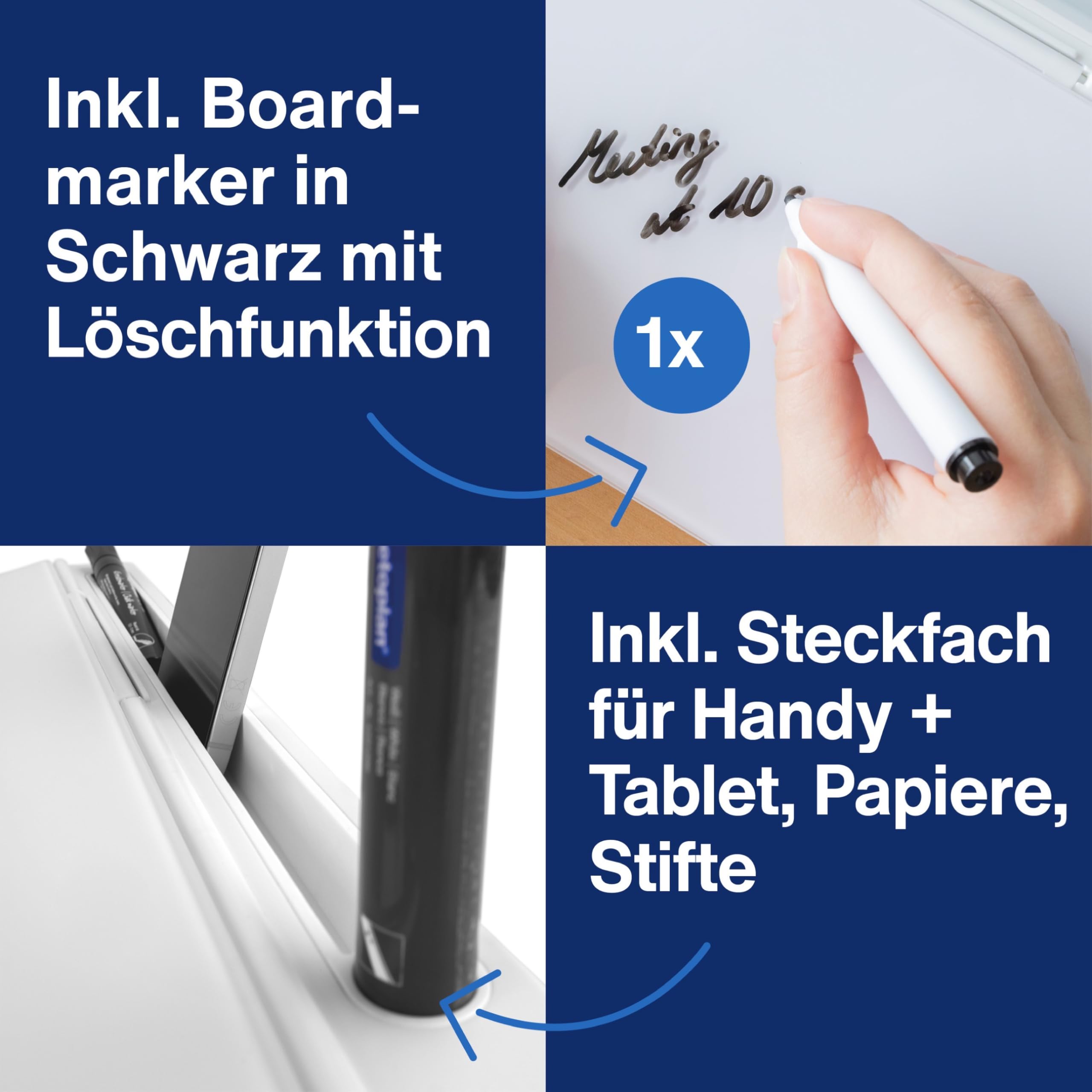 magnetoplan Glasboard Desk Organizer Whiteboard 420 x 56 x 180 mm weißes Glas mit Zubehörfächern inkl. Boardmarker mit Löscher