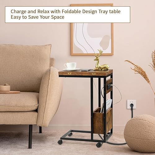 Miniatura 27 de Hadulcet Extremo de mesa C, bandeja de TV, mesas de sofá para laptop que se deslizan por debajo, lado en forma de C con ruedas, plegable, cena